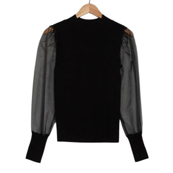 French Connection Krista Organza Sleeve Knit Black Top – Sz S - Picture 4 of 10